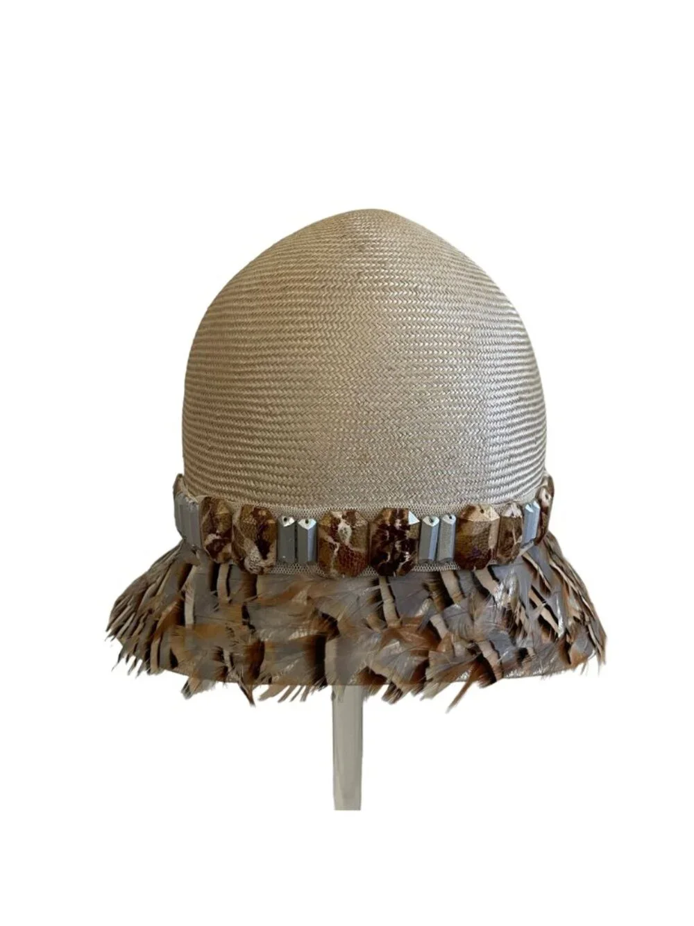 Louise Green Feathered Cloche Hat With Beaded Trim Made In USA